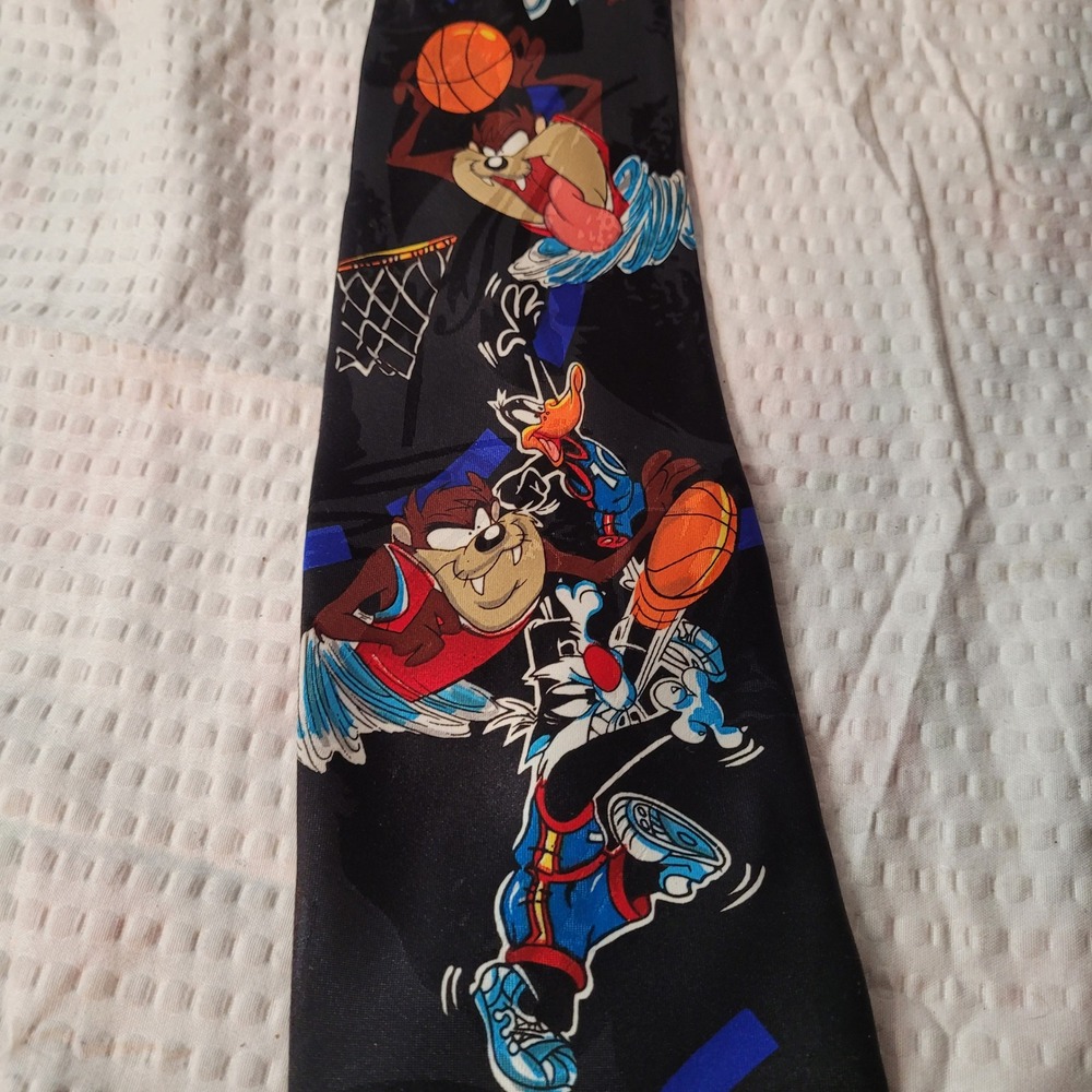Looney Tunes Space Jam Taz Sylvester Basketball Vintage Black Silk Necktie Tie